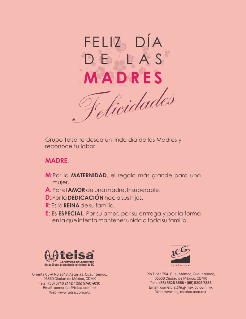 Telsa Mayorista | FELIZ DÍA DE LAS MADRES | Grupo Telsa te desea un lindo día de las Madres y reconoce tu labor